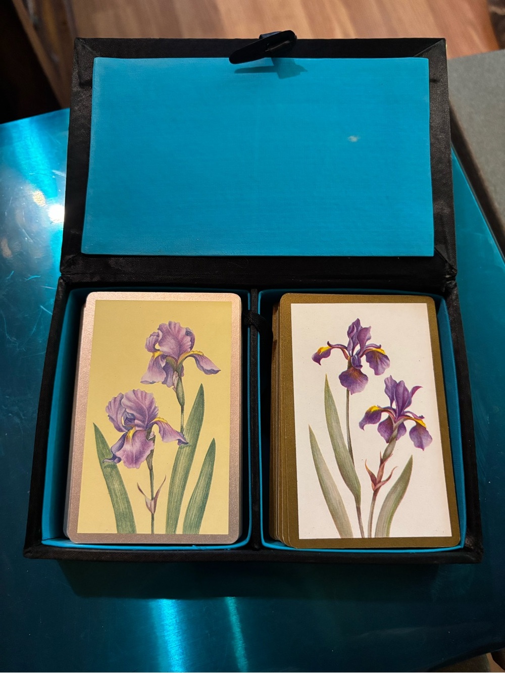 Congress Bridge Iris Floral Playing Cards 2-Deck Set in Case Vintage 1970